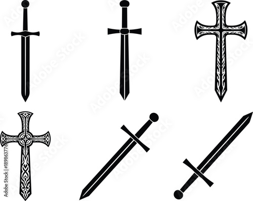 Medieval sword and cross weapon silhouette collection featuring crusader blades, fantasy daggers, and historical combat symbols in bold black vector illustration isolated on white background