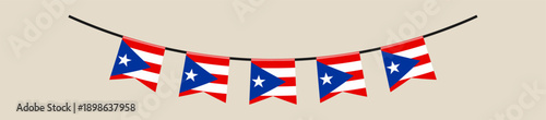 Garland of Puerto Rico flags hanging on a string for a patriotic celebration or national holiday festive event.