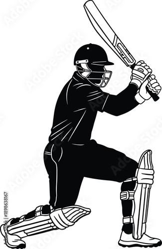 Black silhouette of professional cricket batsman wearing protective helmet and pads hitting ball with bat in action stance isolated on a white background