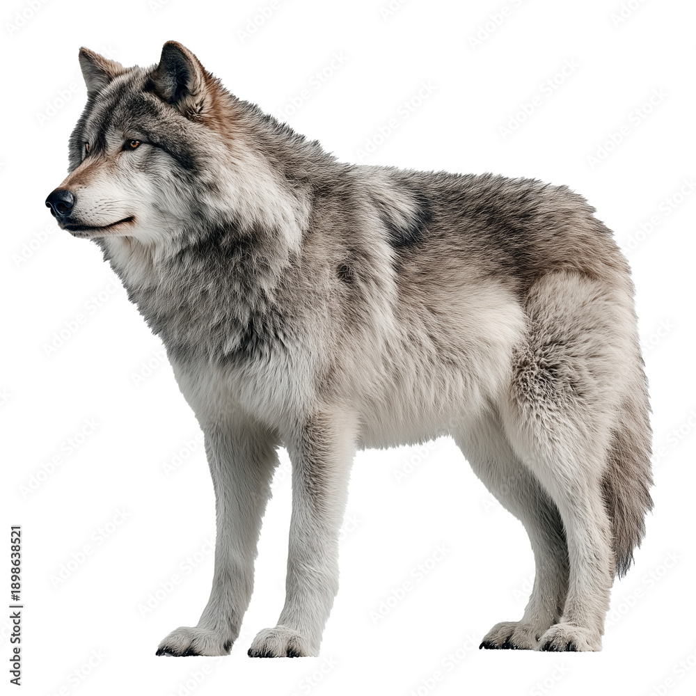 Fototapeta premium North American grey wolf stands in wildlife habitat on March 3rd for animal preservation and ecological awareness