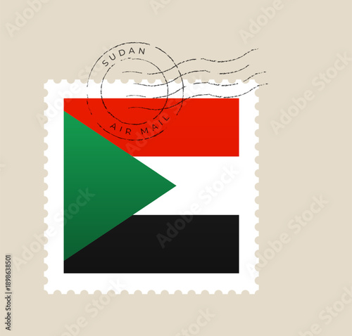 Sudanese flag postage stamp with a retro air mail postmark, representing international travel and patriotism vector illustration.