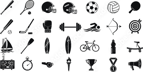 Black sports icons set featuring equipment for baseball tennis football soccer volleyball boxing swimming archery cycling sailing and fitness training isolated on white background