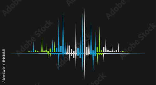 Dynamic audio spectrum analyzer visualization with colorful vertical bars representing sound frequencies and music data, ideal for technology, digital media, and modern design projects