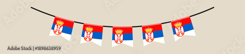 Serbian flag bunting hanging on a string for a patriotic national holiday celebration in a festive vector design.