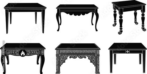 Table furniture silhouette illustration set featuring classic, vintage, and ornate wooden tables, interior design elements in elegant black vector style isolated on white background