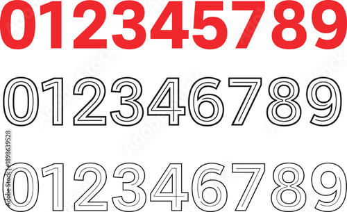 Bold and outline number typography set from zero to nine with modern numeric font styles isolated on white background for graphic design use