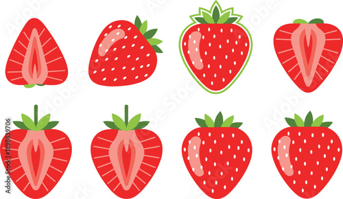 Strawberry fruit illustration set featuring whole and sliced berries, fresh red summer food vector icons in flat design style isolated on white background