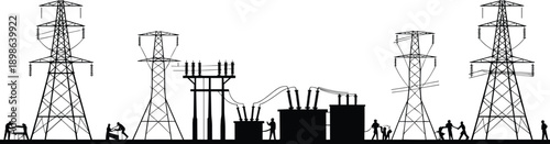 Silhouette of an electrical substation with transmission towers and workers performing maintenance tasks against a white background
