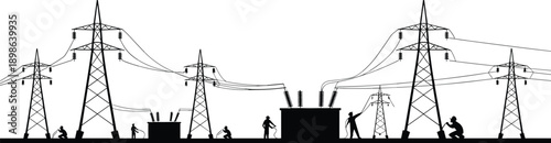 Silhouette of an electrical substation with transmission towers and workers performing maintenance tasks against a white background