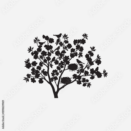 A black silhouette of a vector tree with floral branches and oak leaves creates a natural forest design element for spring growth and summer art decoration