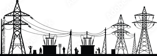 Silhouette of an electrical substation with voltage power lines, towers, and transformers, and workers performing maintenance