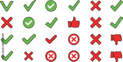 Green check mark and red cross icon set with thumbs up and down symbols for approval, validation, rating and user interface design