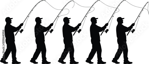 Vector illustration of fishing silhouettes—symbols for casting technique, angling motion, outdoor sport, rod control, hobby activity, and recreational fishing