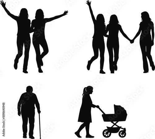 People life stages silhouette set illustration, friends, family, elderly man, mother with baby stroller, human activities isolated on white