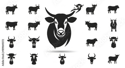 Collection of Bull and Cow Silhouettes and Icons.