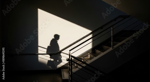 Silhouette of person walking up stairs casting long shadow on wall
