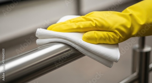 Hand in yellow glove cleaning metal railing with microfiber cloth, hygiene concept