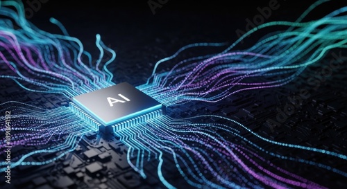 Artificial Intelligence Chip with Glowing Data Streams