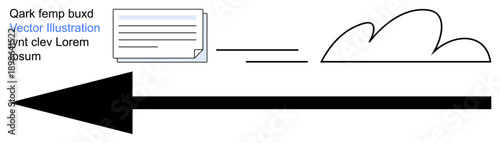Data transfer, cloud computing, file sharing, digital storage, technology communication, workflow. Document moves through arrow to cloud. Data transfer and cloud computing concept