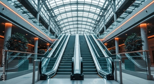 Modern Escalators in a Bright, Contemporary Shopping Mall Interior