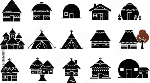 Traditional house icon set, indigenous architecture silhouettes, black vector design, cultural dwelling types, teepee hut dome stilt house, anthropology illustration elements