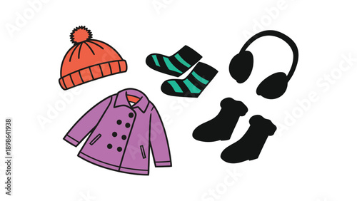 A colorful illustration of winter clothing and accessories for kids