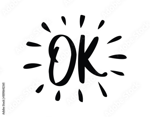 Ok comic doodle lettering flash effects. Shining hand drawn OK onomatopoeia. Okey okay decorative word cartoon icon