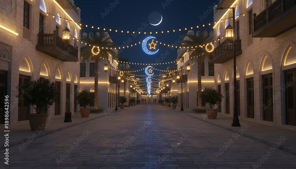 Obraz premium Nighttime Street With Festive Lights, Crescent Moon and Arabic Architecture