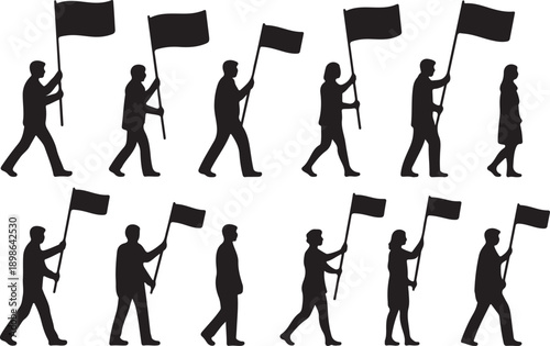 Silhouettes of people marching with flags in protest or demonstration