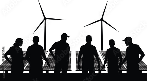 Silhouettes of people standing near solar panels and wind turbines, representing renewable energy and sustainable technology