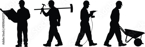 Vector illustration of construction workers—symbols for industrial labor, tool usage, building tasks, teamwork, site activity, and occupational roles