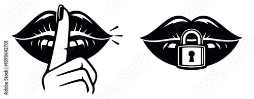 Hand drawn line art set featuring lips with a shushing finger and a padlock for silence and secrecy