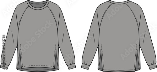 Technical fashion of a grey long-sleeved crew neck sweatshirt with raglan sleeves and a subtle pocket detail on the front and back
