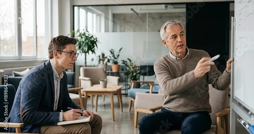Two men discussing project using whiteboard and notepad indoors