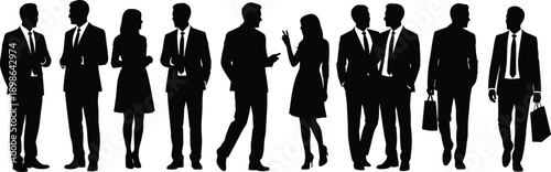 Vector illustration of business silhouettes—symbols for corporate interaction, professional attire, teamwork posture, shopping gesture, office culture, and urban presence