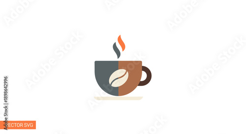 Hot Coffee Cup with Steam and Bean Icon, Flat Design