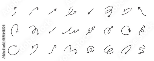 Doodle spiral arrows set. Hand drawn arrows. Design quirky twist line, curve wave arrow. 