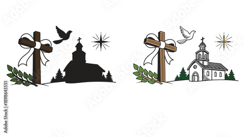 A symbolic illustration of a church with a cross and dove