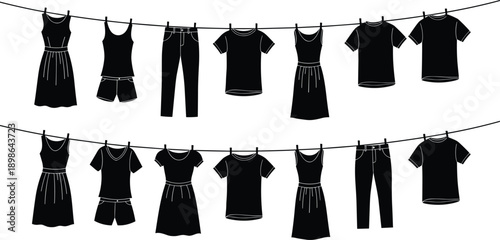 Clothesline illustration with dresses, t-shirts, pants, and tank tops hanging with clothespins, ideal for laundry, fashion, home, and lifestyle-themed design use.