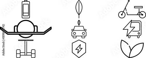 Collection of electric vehicle icons including a scooter car and bus representing sustainable transport and green energy concepts for web design