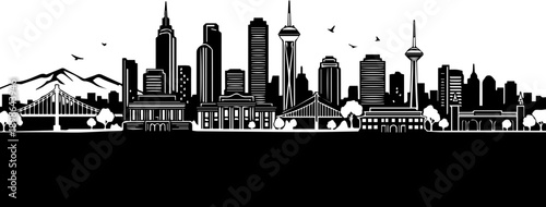 Stunning black and white skyline illustration showcasing a bustling city, perfect for urban development projects or promotional materials for travel destinations