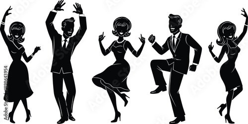 Dancing people silhouette set in retro style, happy men and women party moves, celebration, music, nightlife concept isolated on white background