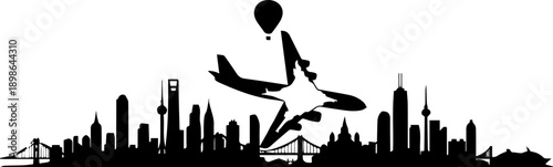 Dynamic silhouette of a modern city skyline with a soaring airplane and hot air balloon symbolizing global travel and adventure.