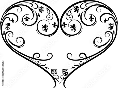 Elegant ornamental heart flourish with heraldic crests and swirling filigree, perfect for romantic designs, invitations, and vintage themes