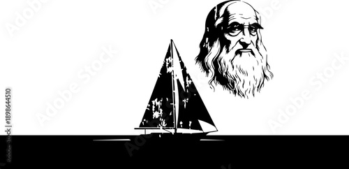 Iconic portrait of Leonardo da Vinci overlooks a majestic sailboat on the open sea, symbolizing innovation and exploration