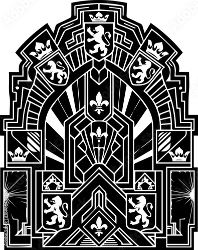 Elegant Art Deco crest design featuring lions and fleur de lis, perfect for luxury branding and historical projects, exuding prestige and timeless style.