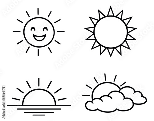 Line art sun icons set featuring a smiling sun, sun with pointy rays, sunrise, and sun with clouds for weather forecast and nature concepts