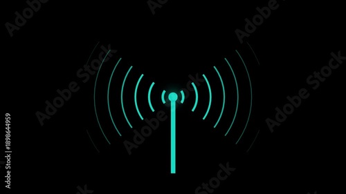 Glowing Antenna Broadcasting Signal Waves on Black. antenna tower as phone base station with radio wave animation 
