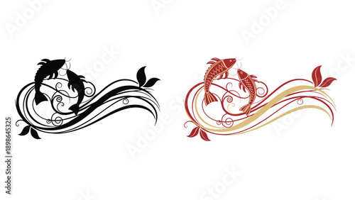 A pair of koi fish swim in elegant floral designs