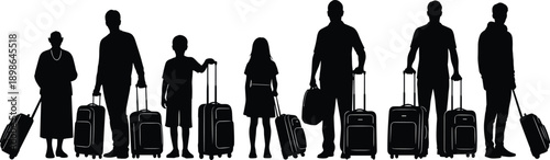 Travelers family group silhouette with luggage standing in line, men women and children travel concept isolated on white background